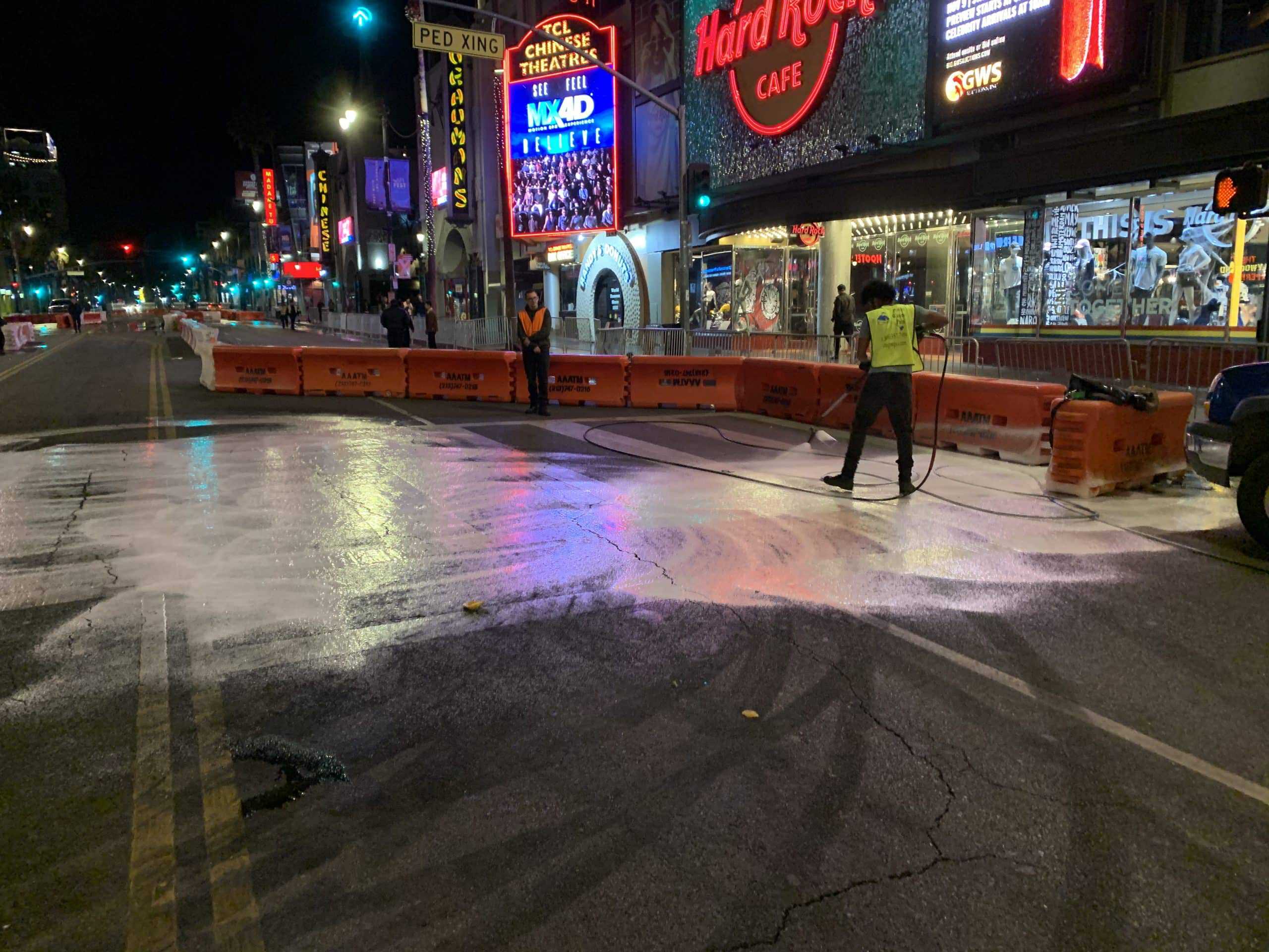 We handle pressure washing the streets of Hollywood in front of the Handrock cafe and other establishments.